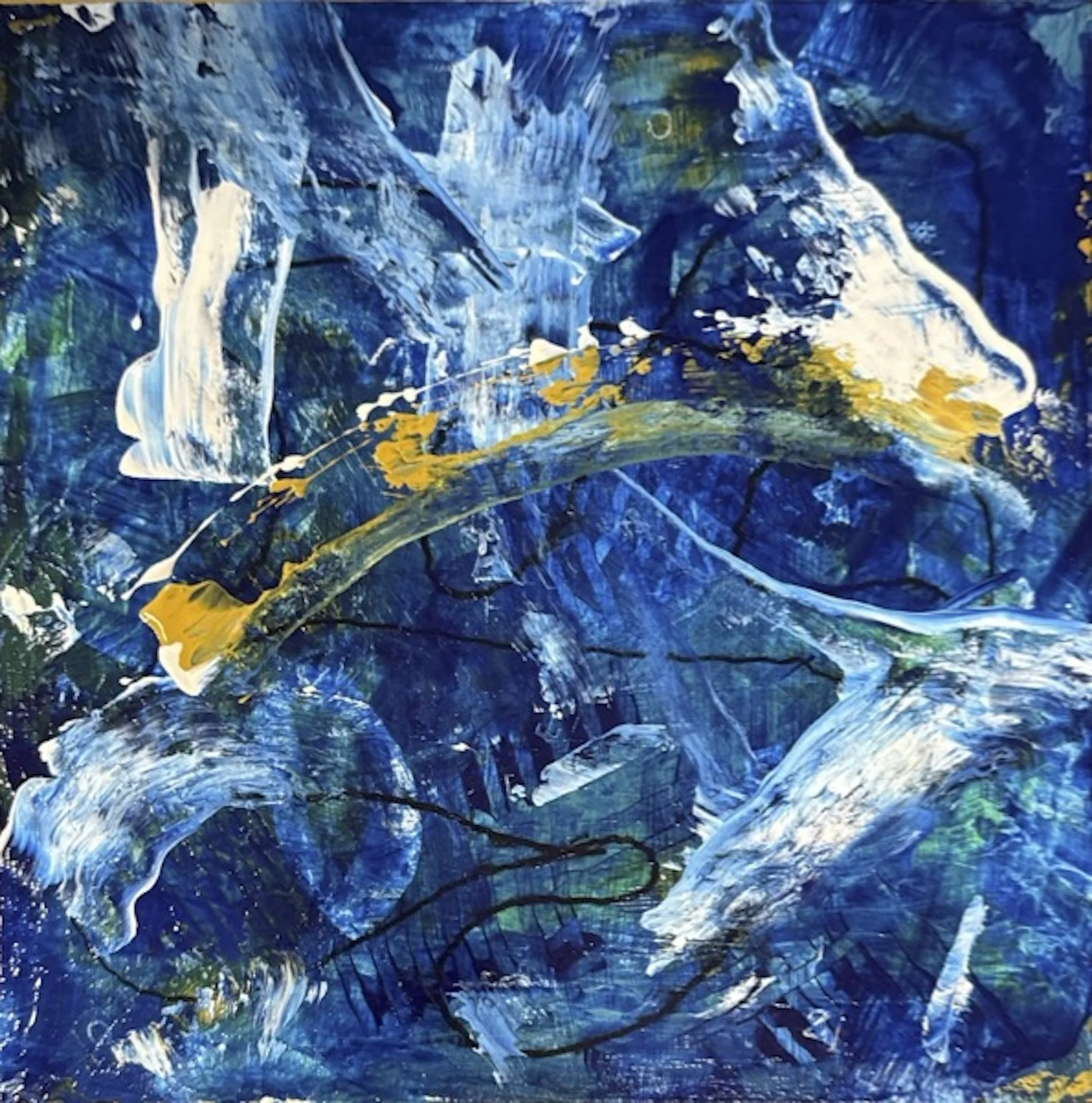 Abstract painting with predominately blue, white, and yellow brushstrokes and textures.
