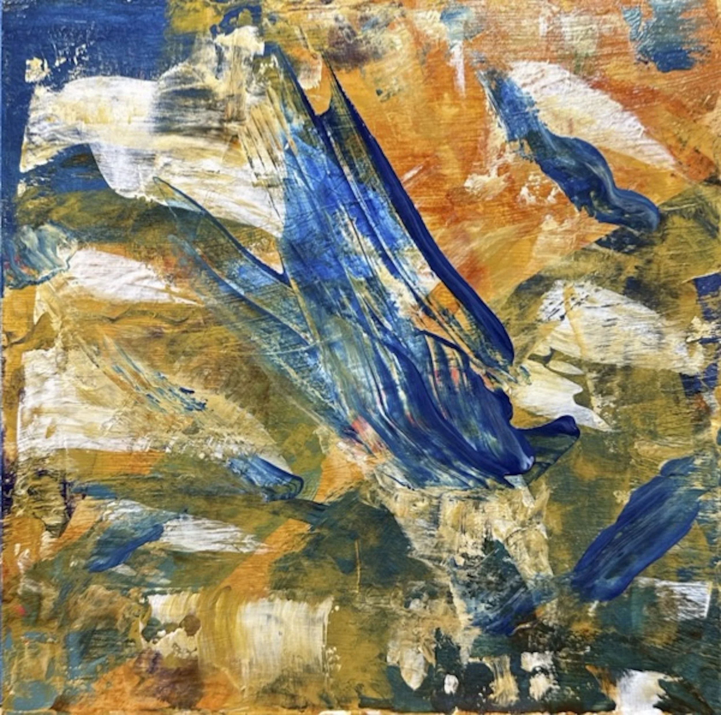 Molten Flight - 
Acrylic on wood panel  12" x 12" - 
The moment something long held finally moves. Force and release in the same breath.