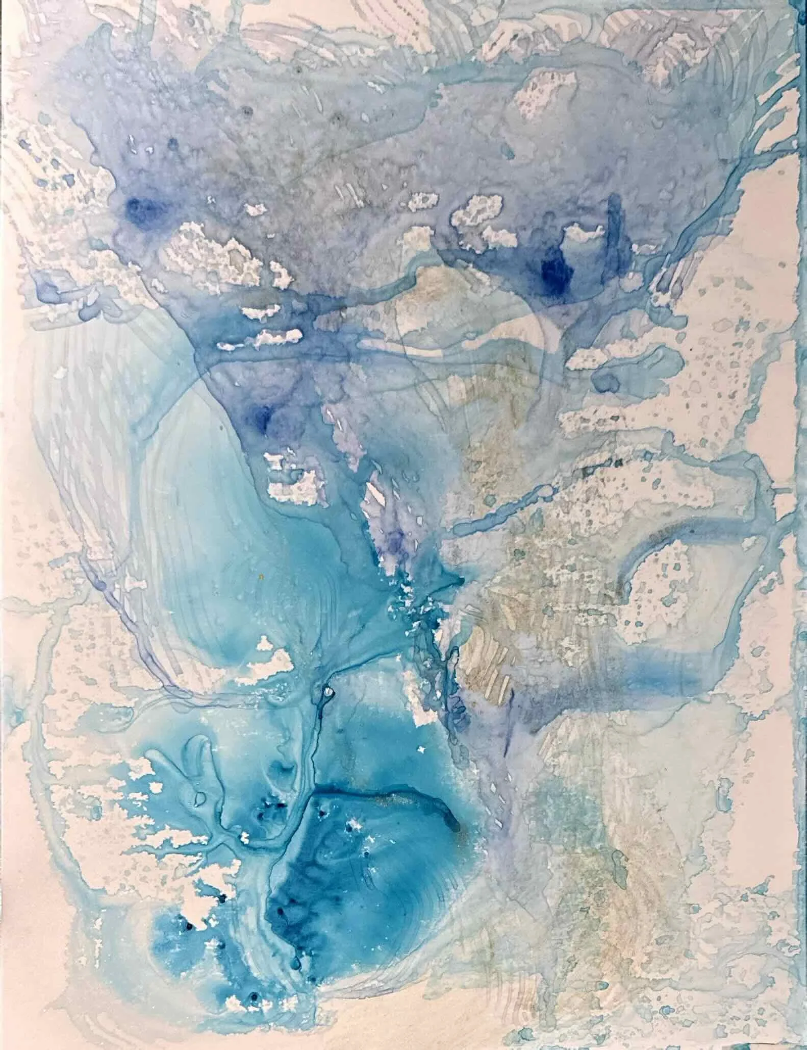 Confluence · 

High-flow acrylic and acrylic ink on Yupo · 2026 · 30 × 40" · 

Limited edition giclée print, edition of 10 · Signed and numbered by the artist | Abstract fluid painting depicting the merging of currents in blues, teals, and gold by Pa