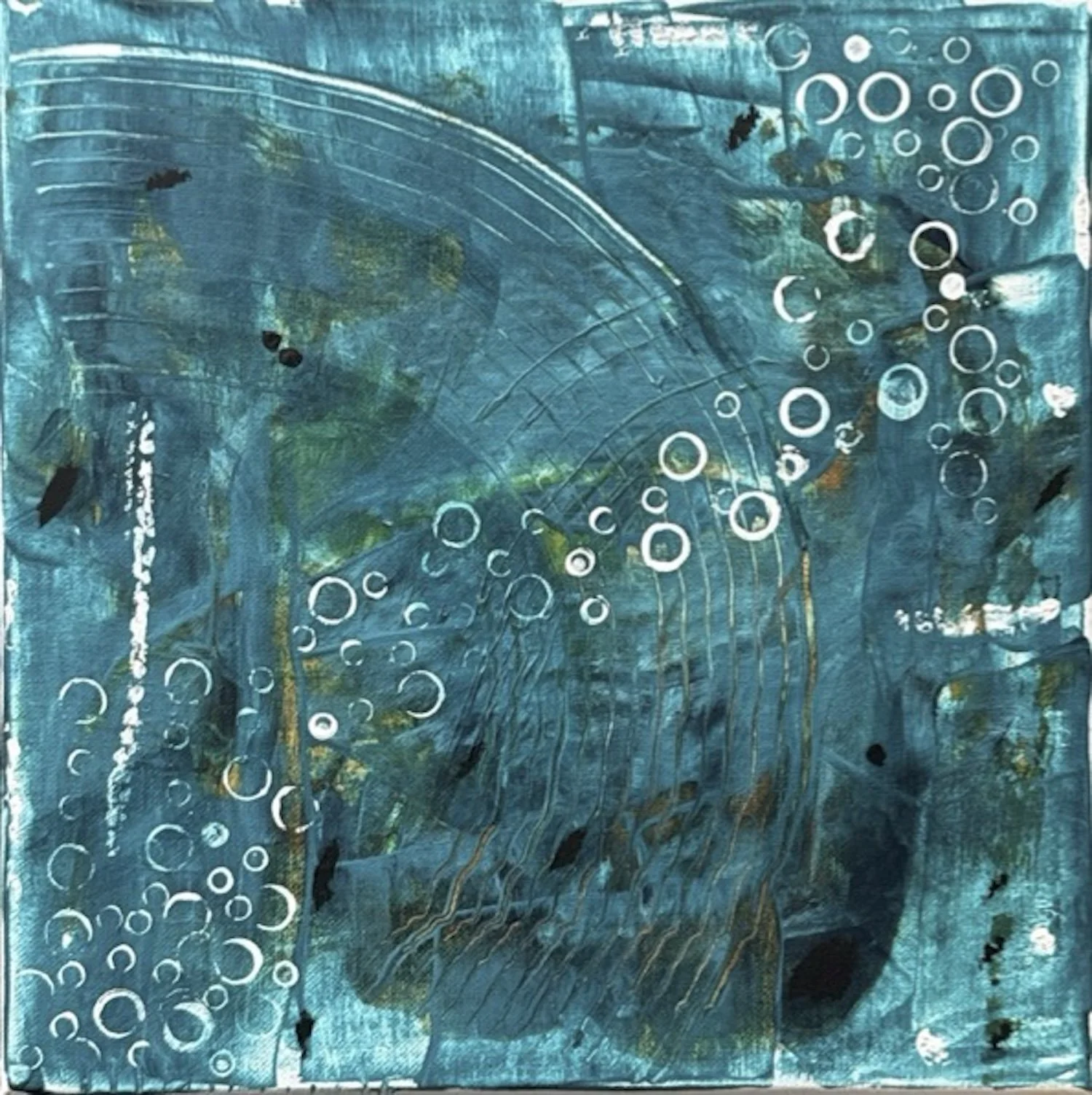 Bubbles Up  - 
Acrylic on Stretched Canvas 12" x 12" - 
White orbs tracing their own path upward. Stillness and motion held in the same blue- green field. 