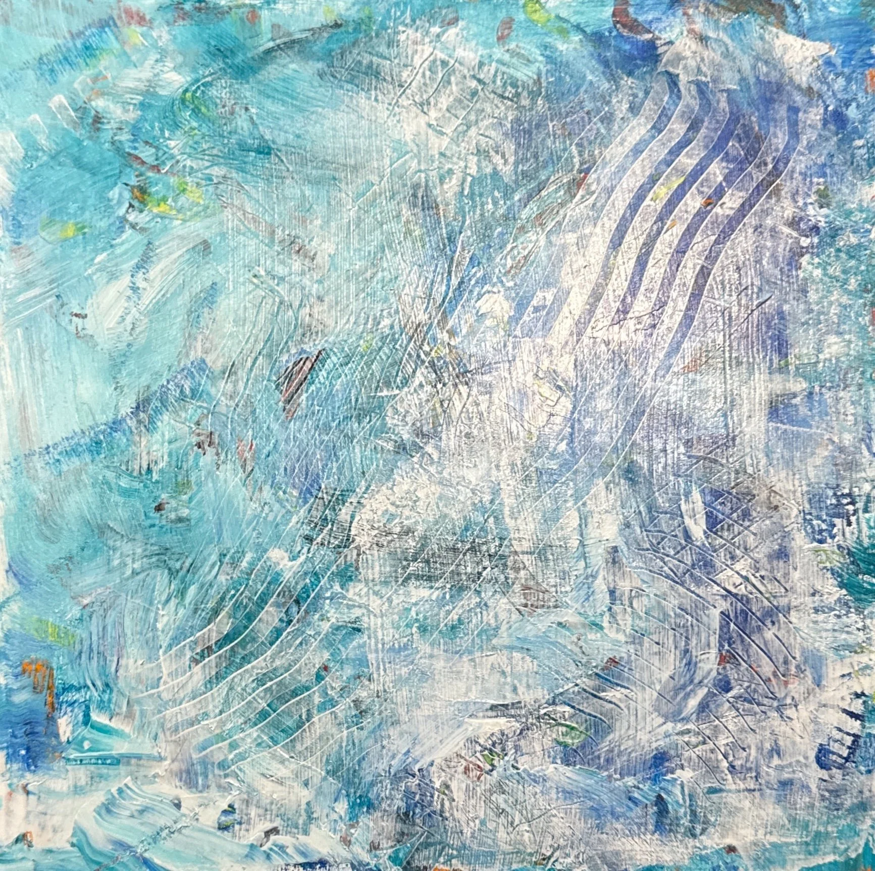 Beneath the Surface - 
Acrylic on Wood Panel 12" x 12" -
Glacial blues and whites, carved lines moving through layers. What's hidden doesn't disappear – it finds its own rhythm and rises.