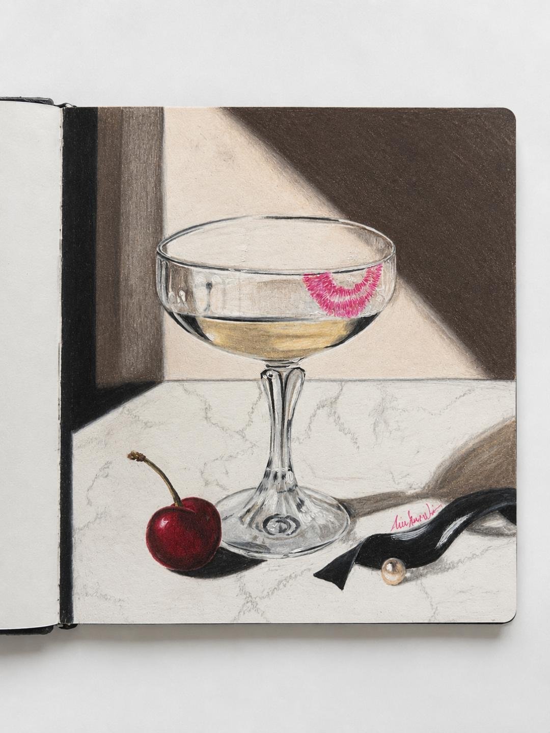 First entry from A.S. Williams. "Last Seen" The implication is beautiful.

Someone was here.
Now they're gone.

The glass, cherry, pearl, and ribbon are all that's left.