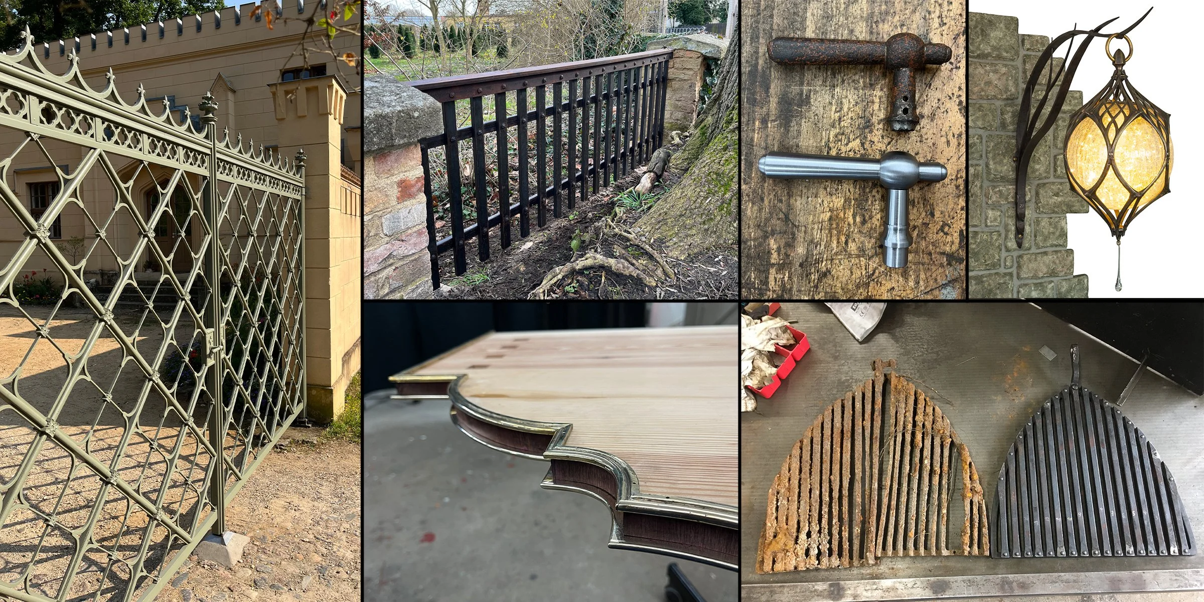 collage of various decorative outdoor and indoor fixtures and hardware, including gates, railings, a lantern, door hardware, and a metal table, with some rust and wear visible.