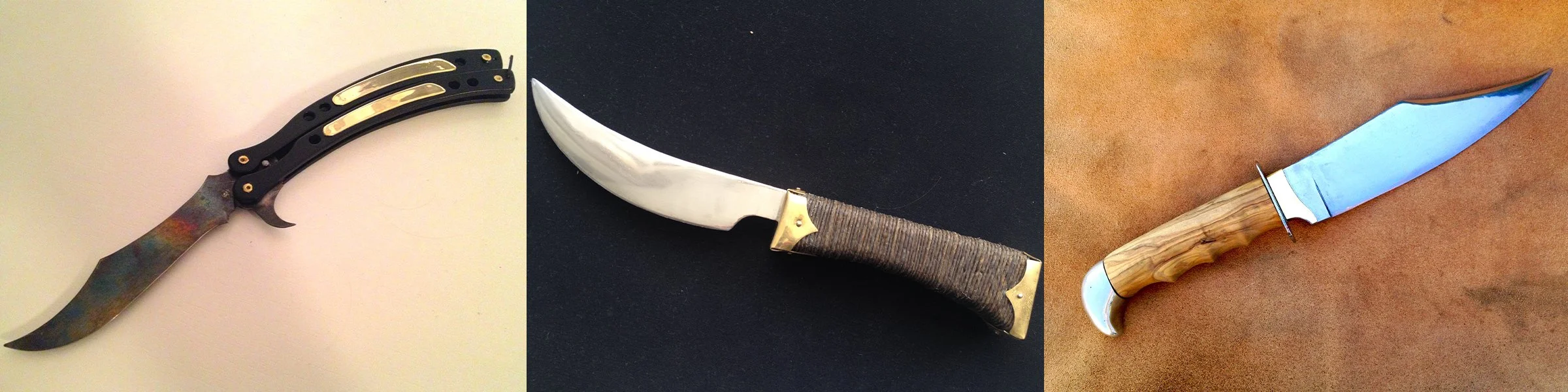 Three different knives displayed side by side. The first knife is a butterfly knife, the second is a fixed-blade knife with a curved blade and wrapped handle, the third is a bowie-style knife with a wooden handle and a broad, pointed blade.