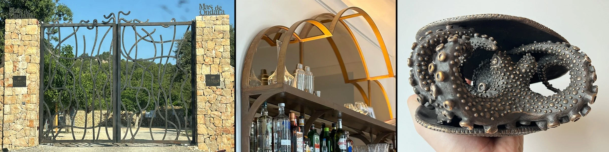 A collage of three photos: the first shows an arched metal gate with a stone wall and trees in the background, the second shows a bar with glass bottles and glasses on shelves with decorative arches, and the third features a person holding a decorative octopus-shaped sculpture, all with outdoor or indoor setting.