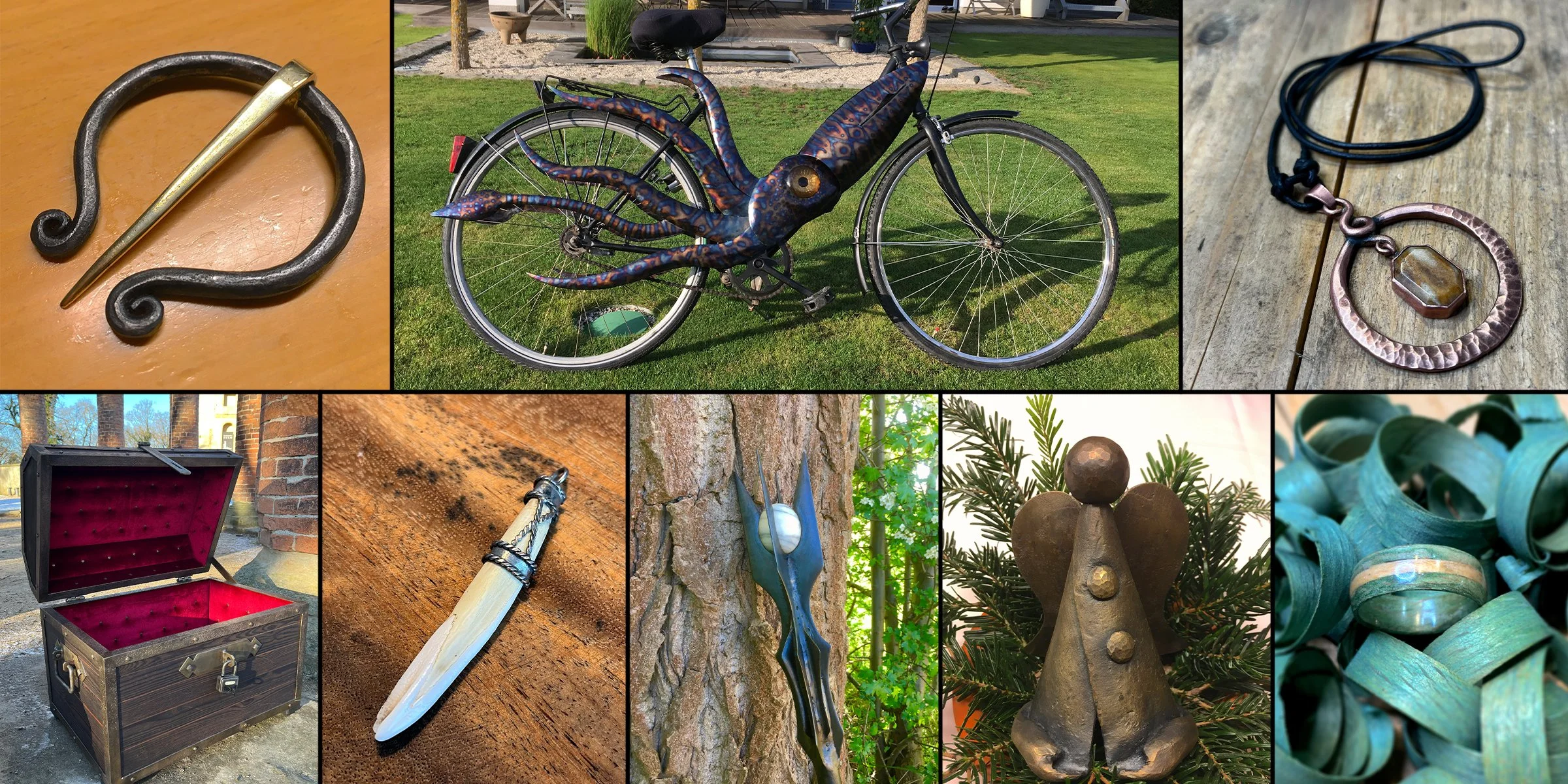 A collage of various objects including a black and gold pin, a bicycle with a colorful octopus design, a copper pendant with a stone, a velvet lined black chest, a forged angel statue and a green wooden ring.