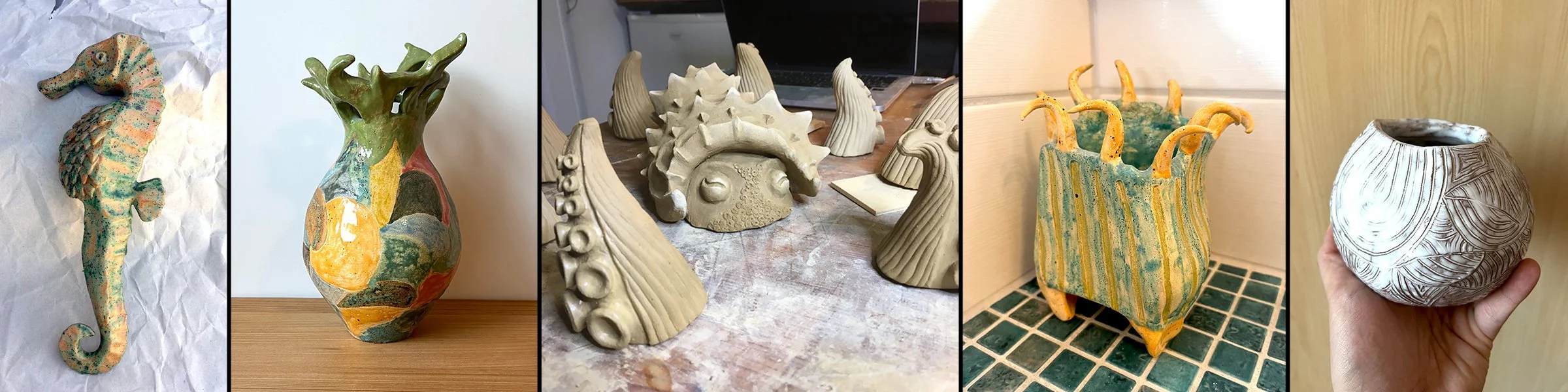 A collage of six different ceramic art pieces, including a seahorse, a painted vase, a sculpture in progress, a colorful container with handles, a textured vase, and a hand holding a small decorative bowl.