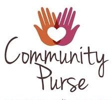 Two illustrated hands, one orange and one purple, forming a heart shape with their palms. Below, the text reads 'Community Purse' in a handwritten style.