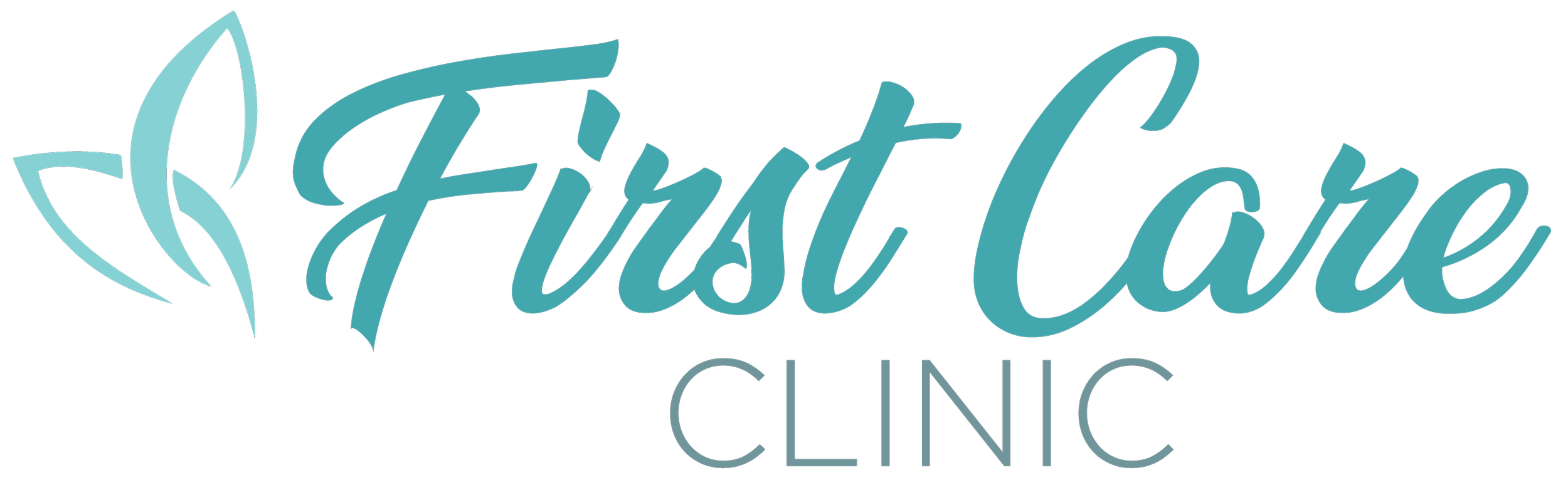 Logo with stylized leaf and cursive text reading 'First Care Clinic' in blue and gray colors.