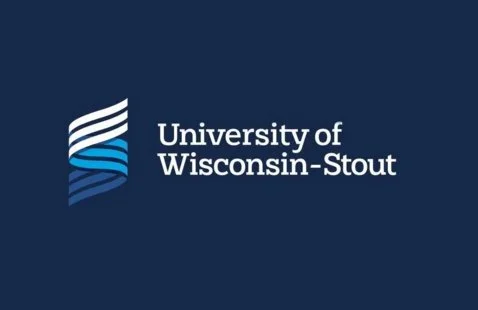University of Wisconsin-Stout logo with stylized waves and text on a dark background.