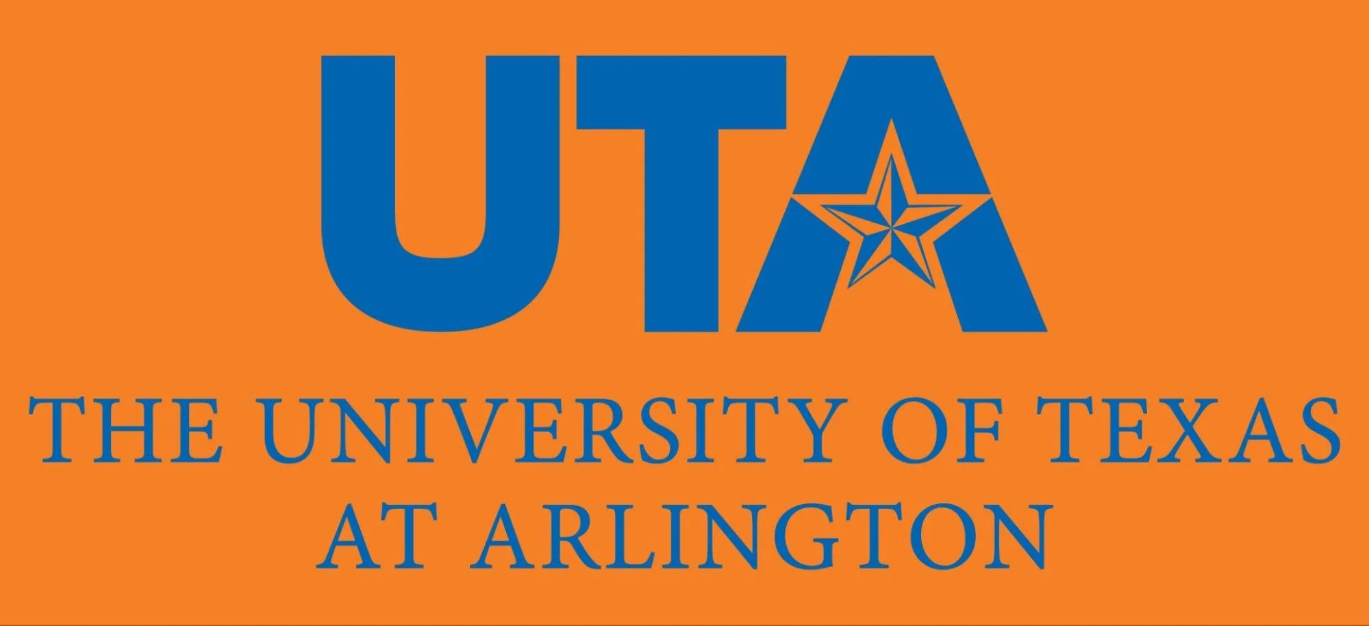Logo of the University of Texas at Arlington with orange background, blue text, and a star inside the letter A.