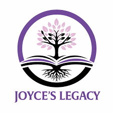 Logo featuring a tree with pink and black leaves, roots extending into an open book, surrounded by a purple circle, with the text 'Joyce's Legacy' below.