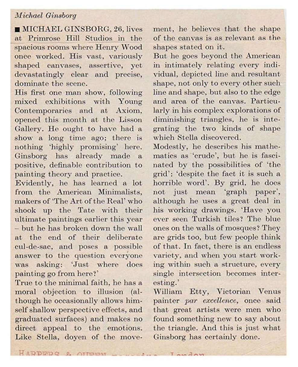 'Artscape: Michael Ginsborg', Article by Peter Fuller, Harpers Magazine, 1968 (text view)