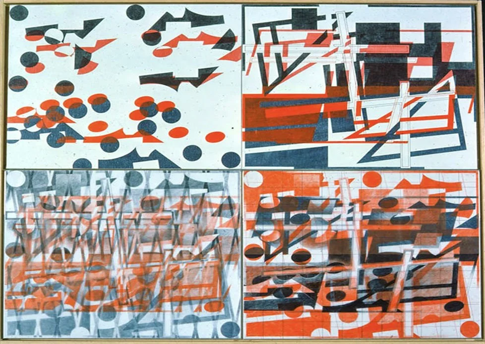 Accumulation, acrylic on canvas (top two panels), Crayon on tracing film (lower two panels), 101.6 x 121.92 cm, 1978