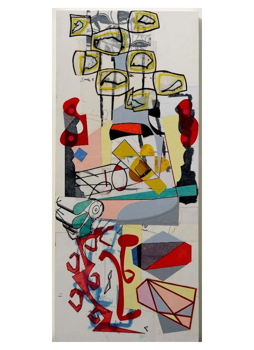 Between Worlds, acrylic and collage on panel, 69.5 x 30 cm, 2017