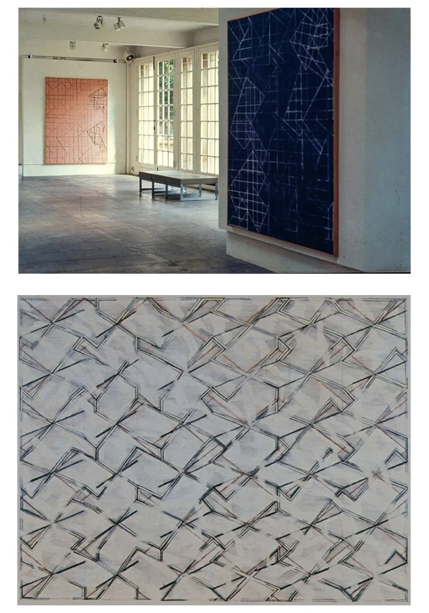 (Top) Installation of work by Michael Ginsborg at Serpentine Gallery, 1973. (Lower) Untitled Drawing, charcoal, graphite, conté, 58 x 78 cm, 1973