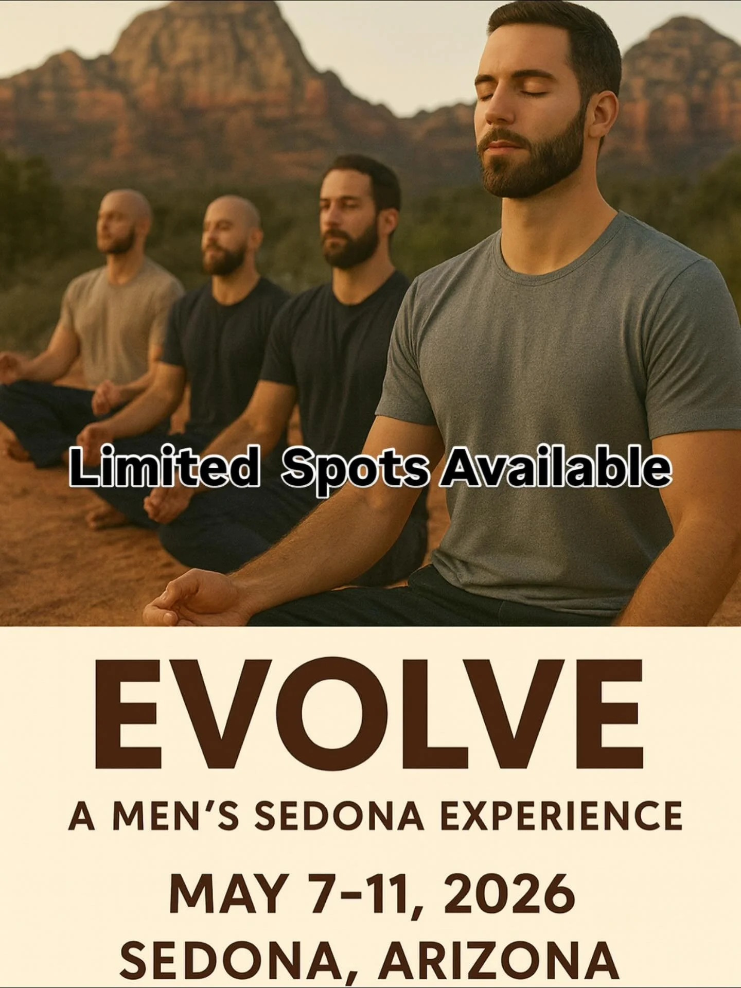 Sedona Men&rsquo;s Retreat  May 7&ndash;11, 2026 

Most men I meet are carrying a lot&hellip; in silence. &ldquo;EVOLVE&rdquo; is five days in Sedona to reset your body, clear your head, and remember who you are. 
We start May 7th. If you&rsquo;re fe