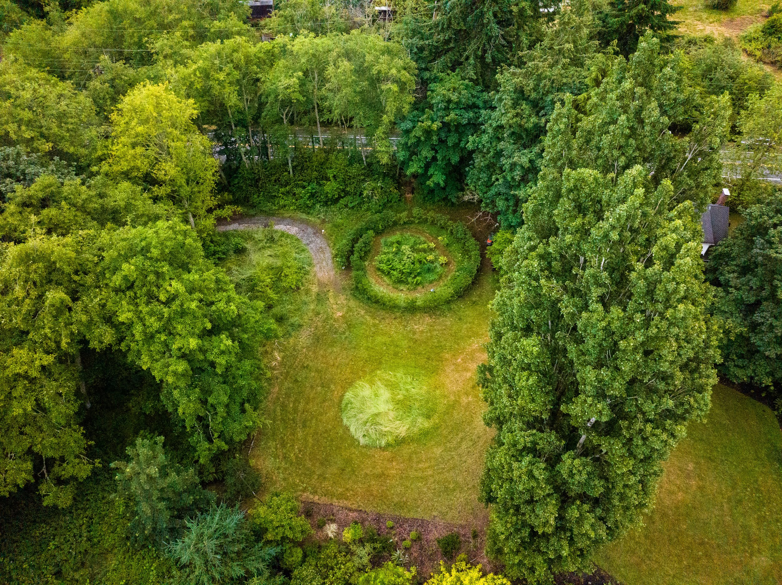 Aerial view of a lush green backyard with trees, a small circular garden, and a grassy area with bushes and plants.