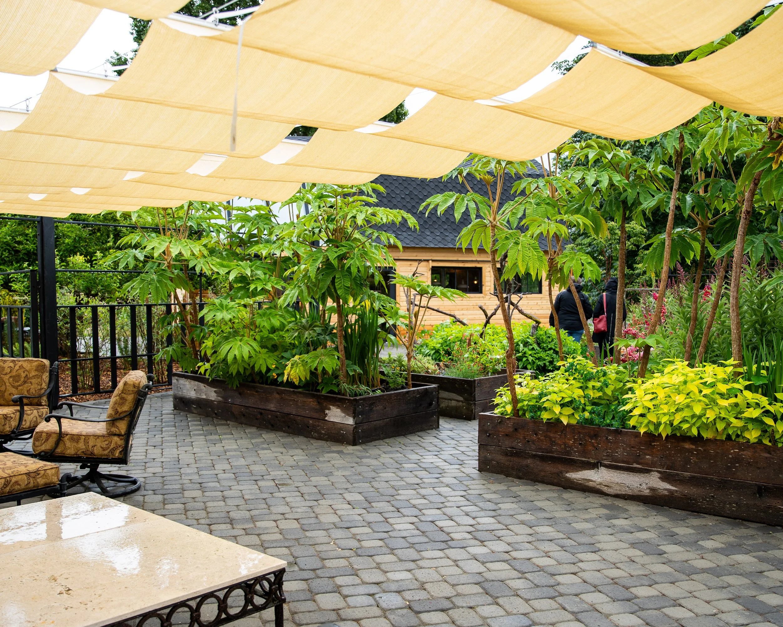 Outdoor patio with chairs, a table, and wooden garden beds filled with greenery, surrounded by trees and a small wooden house in the background.