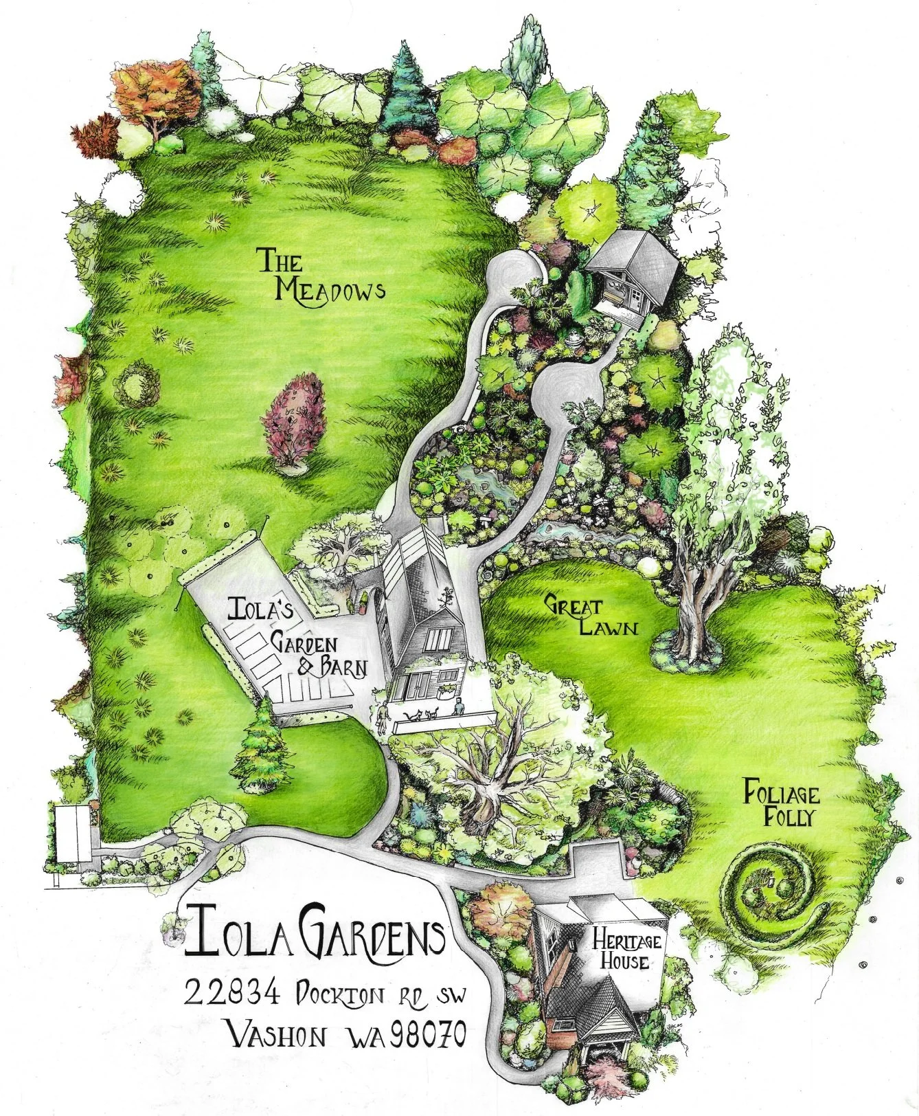 Hand-drawn garden layout map featuring sections labeled The Meadows, Great Lawn, Folklore Folly, Jola's Garden & Barn, and Heritage House, with pathways, trees, and landscaping details.