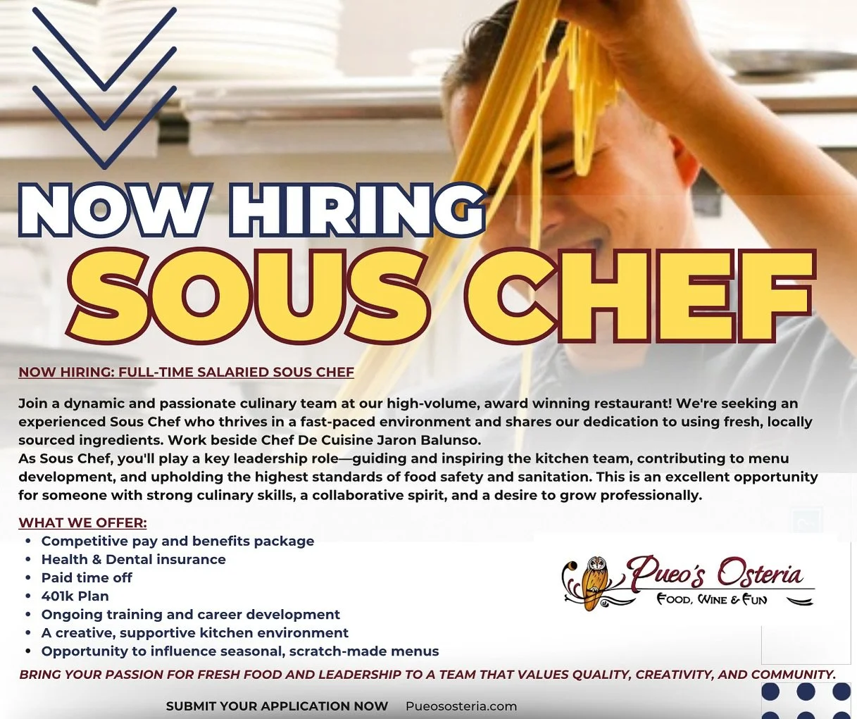 🔪We&rsquo;re on the hunt for a talented Sous Chef. If you&rsquo;ve got the skills, the speed, and the sauce &mdash; let&rsquo;s talk.🔥
(808) 339-7566
Pueososteria.com
