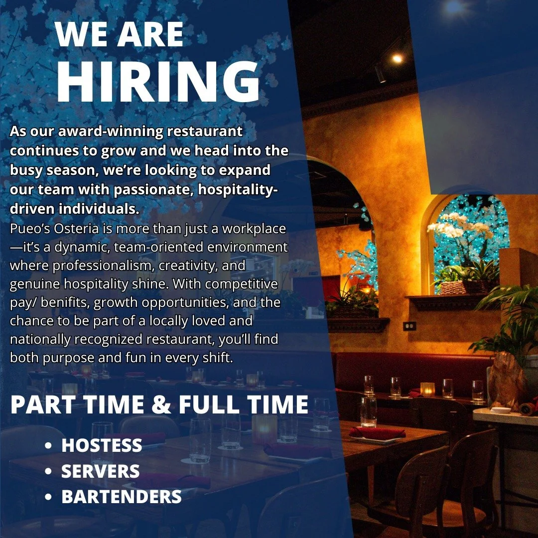 The busy season is here and we&rsquo;re looking for passionate hospitality pros! Join our team as a bartender, server, or host and be part of something special. Apply now at pueososteria.com. 🌟