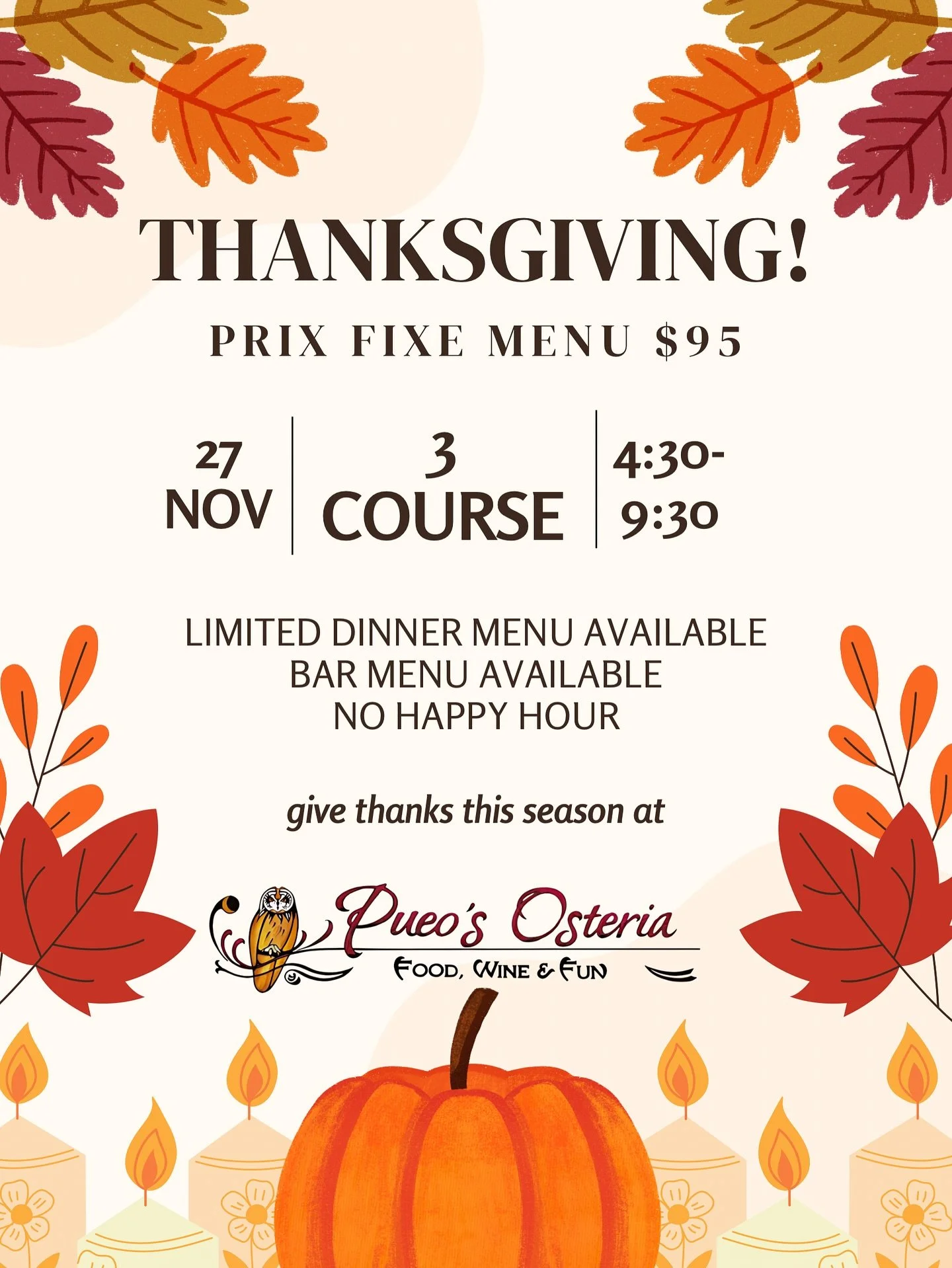Let us do the cooking this Thanksgiving. 🍽️
Join us for a $95 prix fixe menu full of holiday warmth, flavor, and family tradition. 🦃
Reservations are highly recommended &mdash; make yours today!
📲 (808) 339-7566
Pueososteria.com