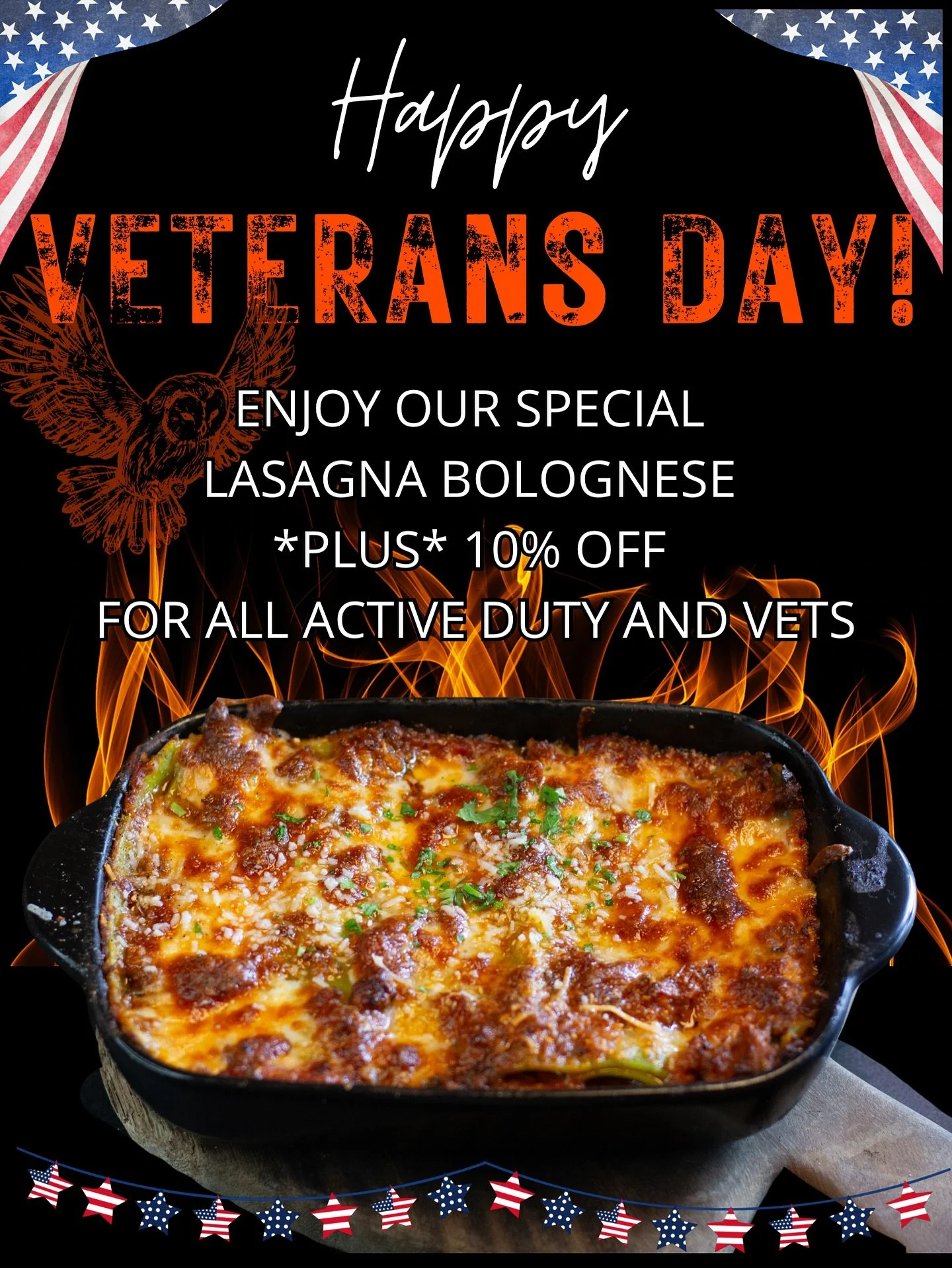 🇺🇸 Honoring Our Heroes &amp; Their Families 🇺🇸
This Veterans Day, we&rsquo;re featuring our famous Lasagna Bolognese and offering 10% off for all active duty and veterans &mdash; with heartfelt thanks to you and your families for your service and