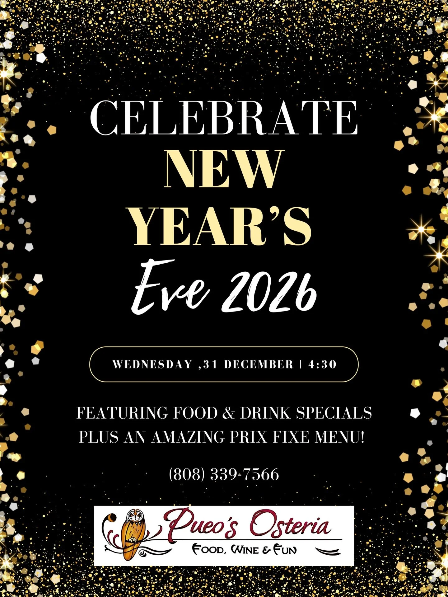 New Year&rsquo;s Eve but make it ✨iconic✨
Celebrate with incredible food, festive cocktails &amp; a prix fixe menu worth dressing up for 🥂
Join us at Pueo&rsquo;s Osteria
View our menu online Pueososteria.com
🗓 Wednesday, Dec 31 | ⏰ 4:30 PM
📞 Rese