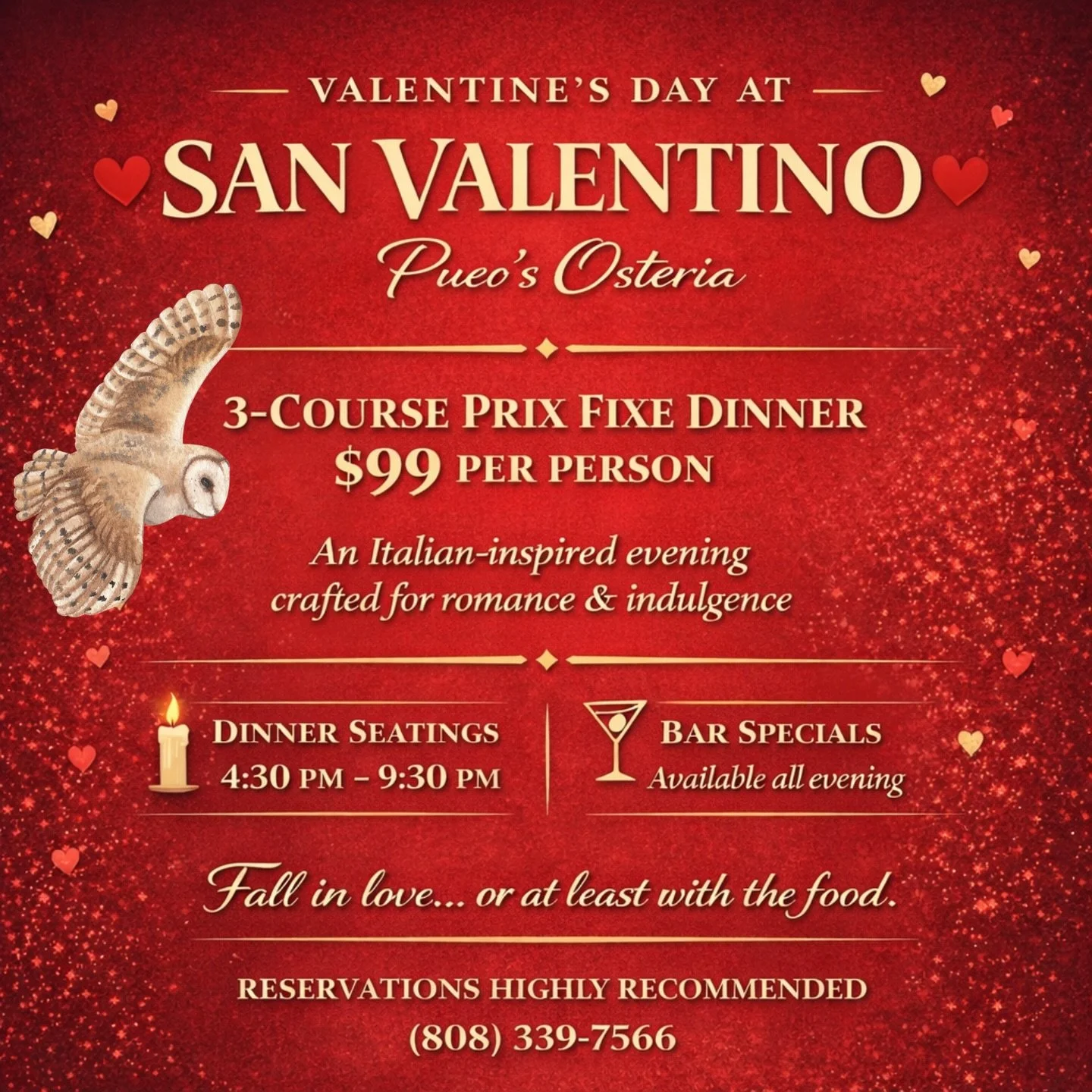 Love is in the air&hellip; and on the plate ❤️🍷
San Valentino at Pueo&rsquo;s
3-course prix fixe &bull; $99
Reservations highly recommended ✨ (808) 339-7566
View our menu online Ciao.purposes.com