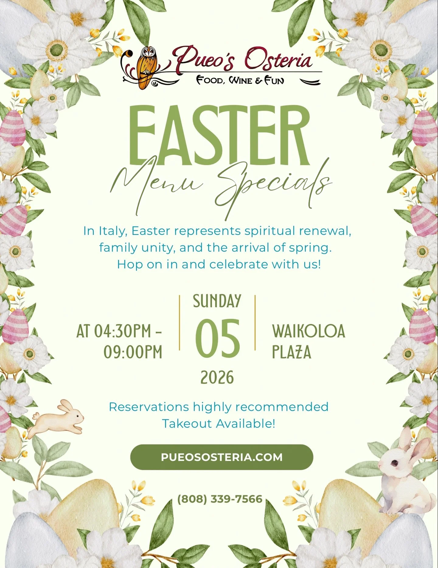 SWIPE ➡️ Join us this Easter 🐰🌸
A day for gathering, sharing, and enjoying a meal together.
Easter specials, regular menu, and takeout available.

(808) 339-7566
pueososteria.com