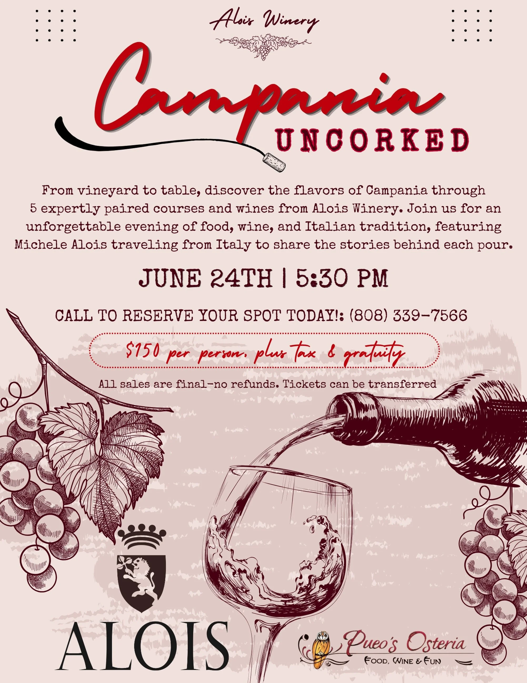 🇮🇹 What if dinner could transport you to Italy?

On June 24, we&rsquo;re uncorking Campania with a 5-course wine dinner featuring Alois Winery and special guest Michele Alois, joining us from Italy.

An intimate evening of food, wine, and tradition