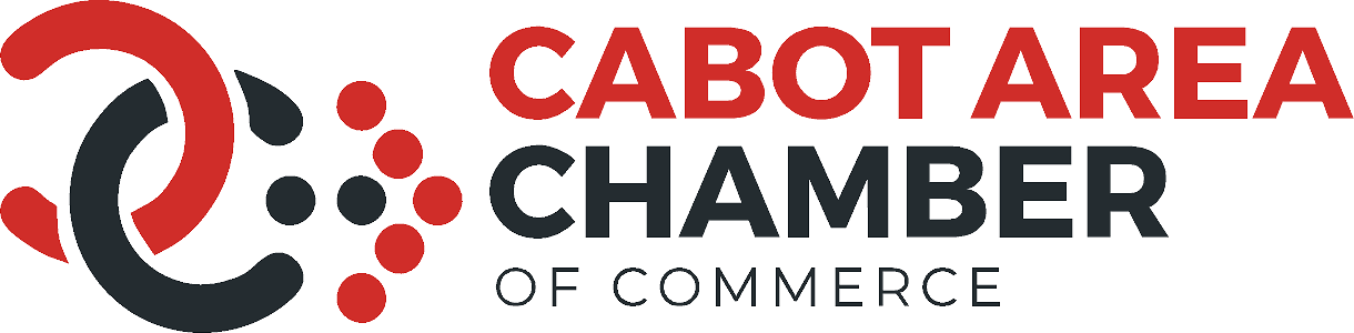 The Cabot Area Chamber of Commerce Logo featuring a stylized circular emblem with red and gray elements, and the text 'Cabot Area Chamber of Commerce' in red, gray, and black.