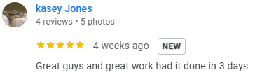 Screenshot of a review by Kasey Jones praising a team for great work completed in 3 days.