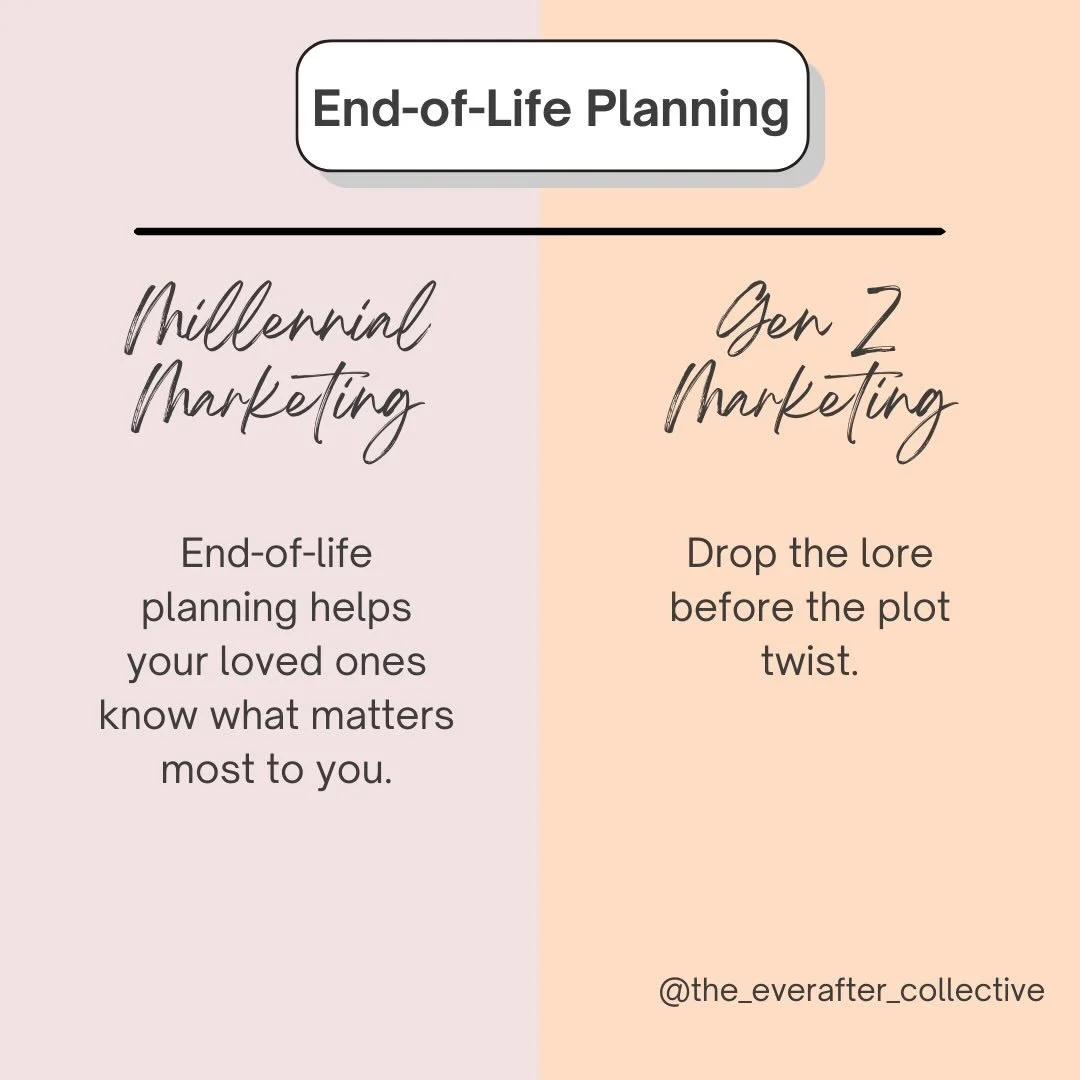 End-of-life planning isn&rsquo;t manifesting death. It&rsquo;s giving your people clarity, guidance, and fewer impossible decisions later.

Which version got you? 👀

#endoflifeplanning #deathdoula #advancedirective #millennials #genz