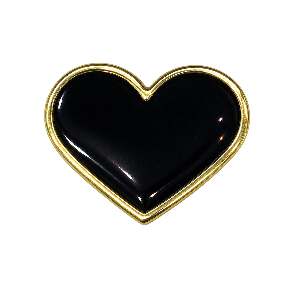 Black enamel Mourning Heart pin with gold trim, a visible symbol of mourning