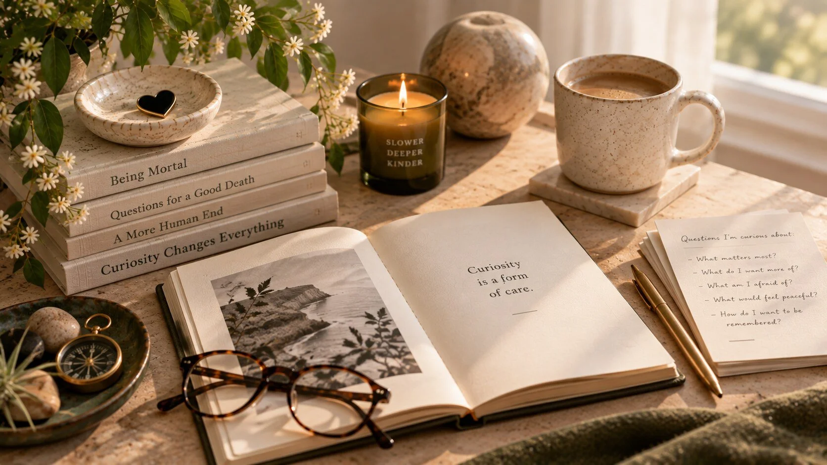 A warm sunlit table with flowers, books about mortality, a candle, coffee, a compass, and an open journal—symbols of curiosity, reflection, and intentional living.