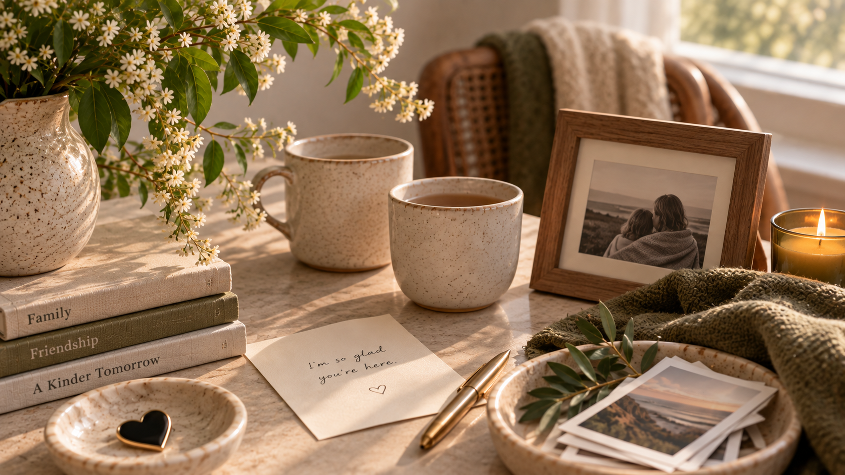 A warm sunlit table with flowers, two cups, family photographs, a handwritten note, and a black heart pin—symbols of care, connection, and protecting the people we love.