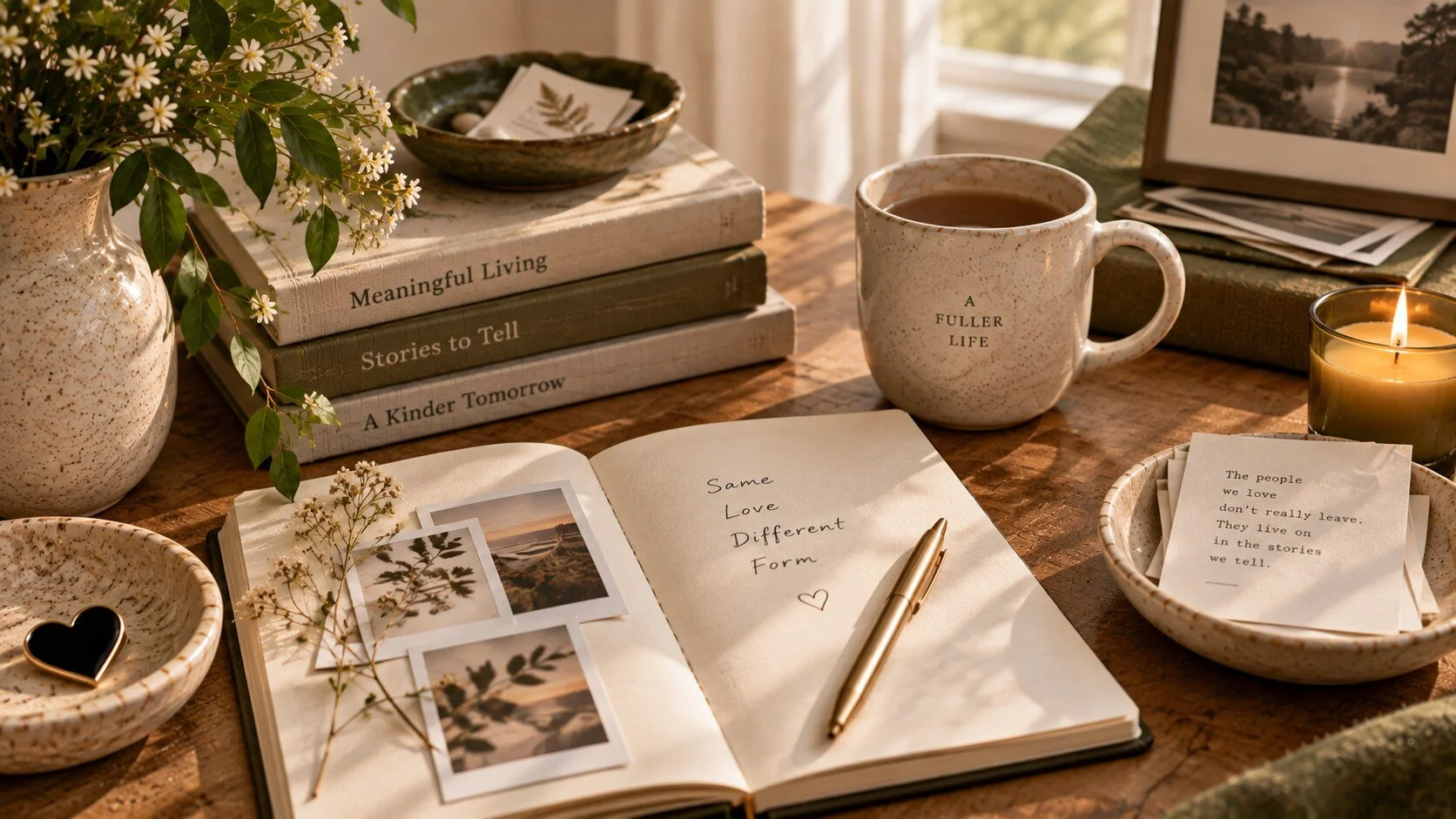 A warm sunlit table with flowers, books, tea, photographs, an open journal, and a candle—symbols of storytelling, memory, and a meaningful life.