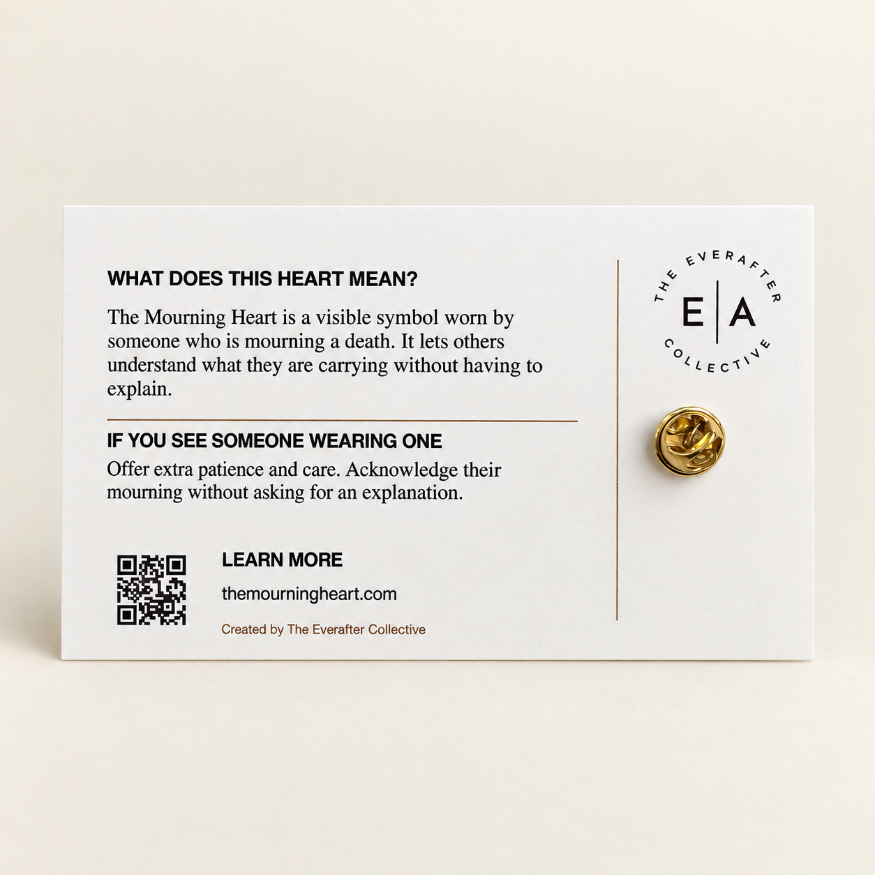 Back of the Mourning Heart information card explaining the meaning of the pin, with its gold butterfly-clutch backing.