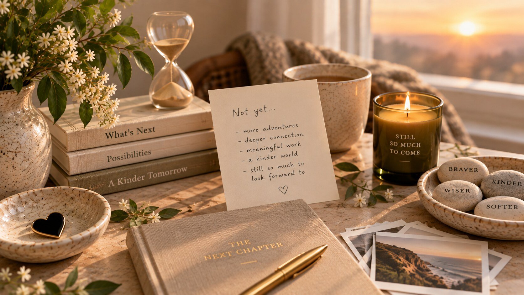 A warm sunset table with flowers, an hourglass, coffee, a candle, photographs, and a notebook—symbols of time, possibility, and taking the next small step.