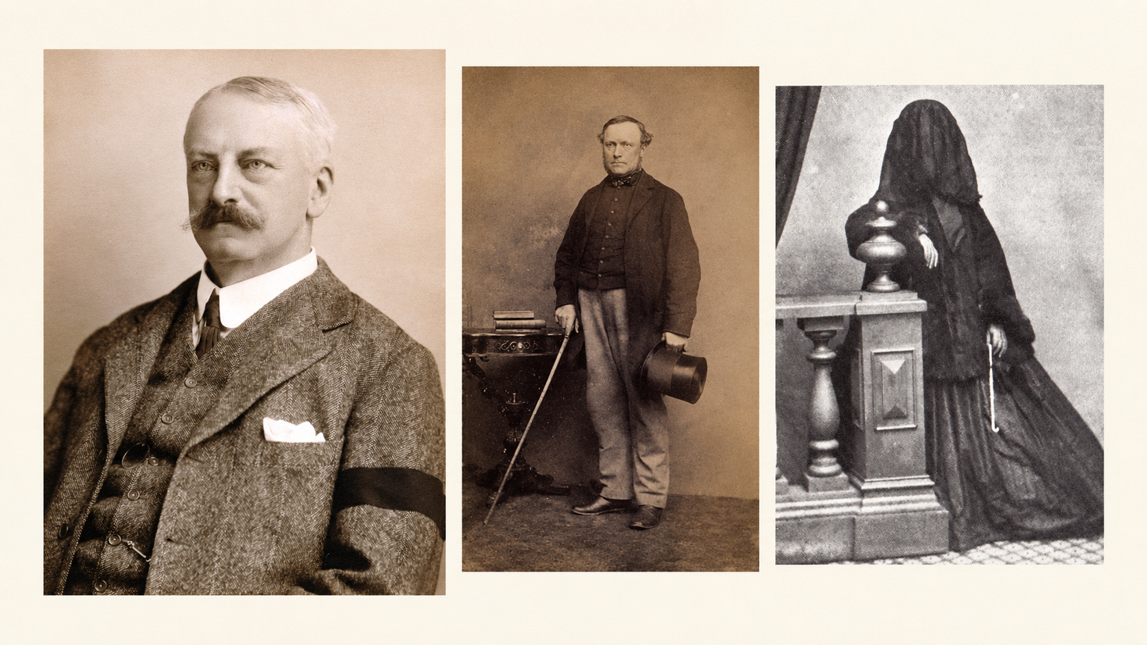 Historical photographs showing Victorian mourning clothing, a black mourning armband and a full mourning veil.