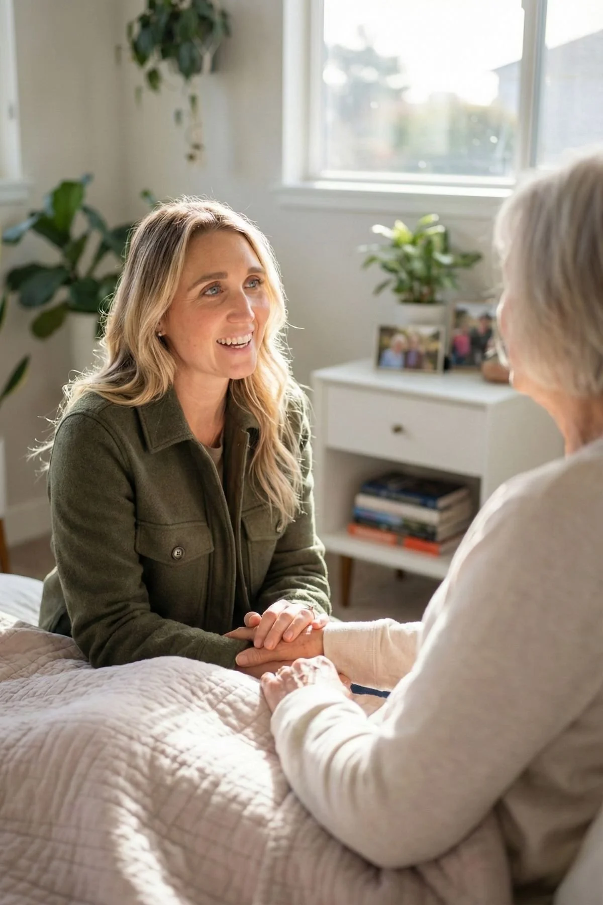 Kathleen Gallacher, a San Diego death doula, providing compassionate bedside support and end-of-life care to an elderly woman in her home.
