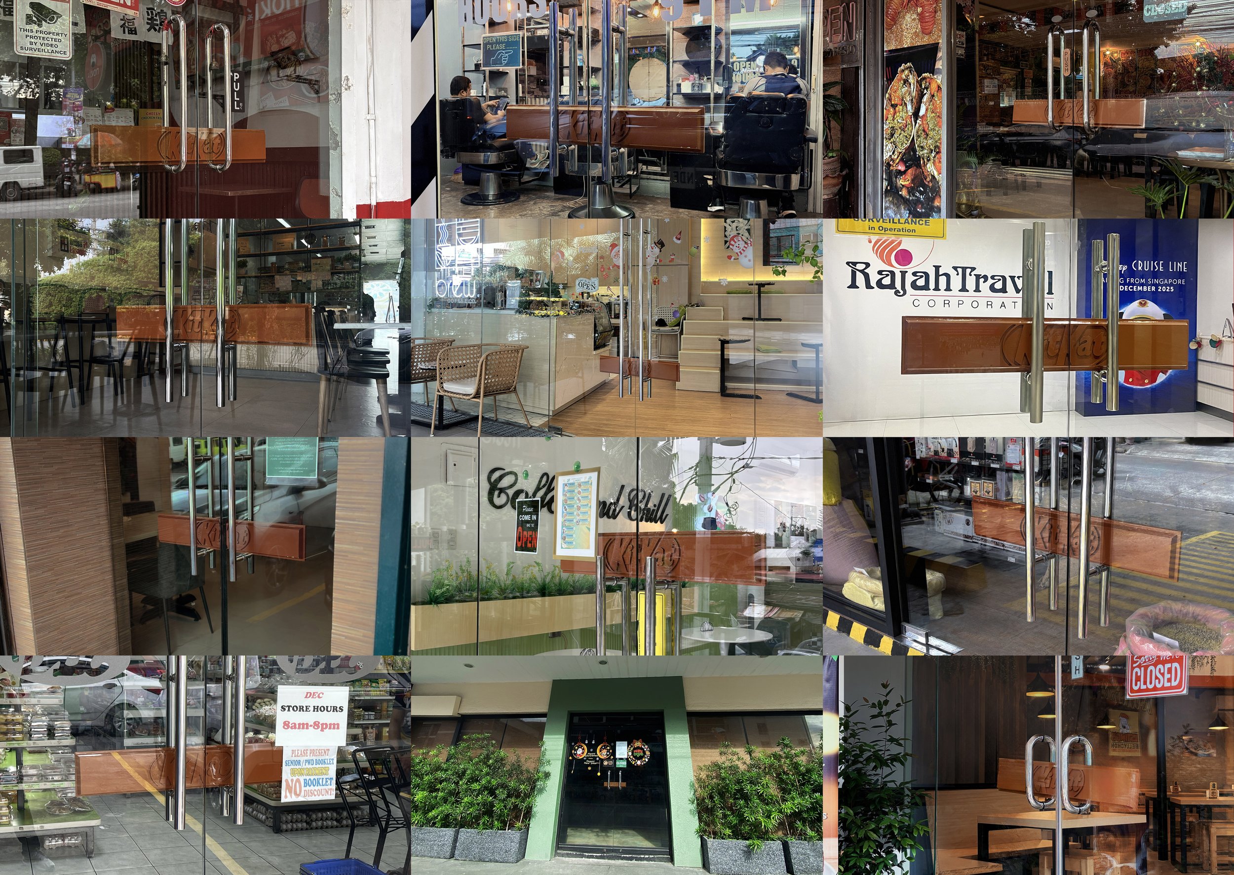 Close-up and wide shots of storefronts using the KitKat Break Bar as a door lock, demonstrating the brand's 'Have a Break' message in retail