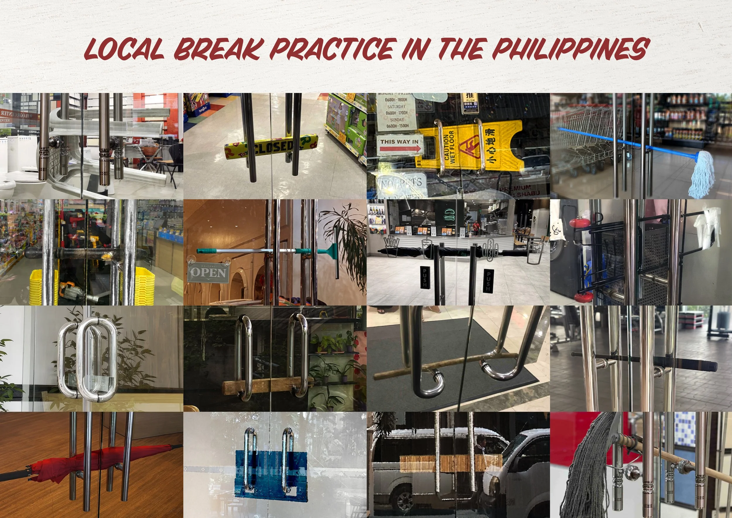 A collage of improvised door locks used by Filipino store owners, such as umbrellas and brooms, which served as the cultural insight for the KitKat Break Bar.