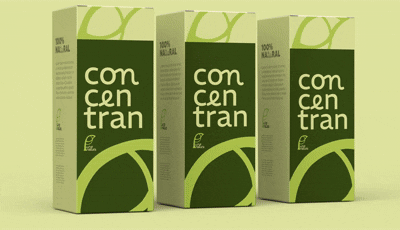 Três caixas verdes de um produto chamado "Concentran" com texto "100% Natural" destacado. O design da embalagem é moderno, com formas circulares e cores verde claro e escuro.