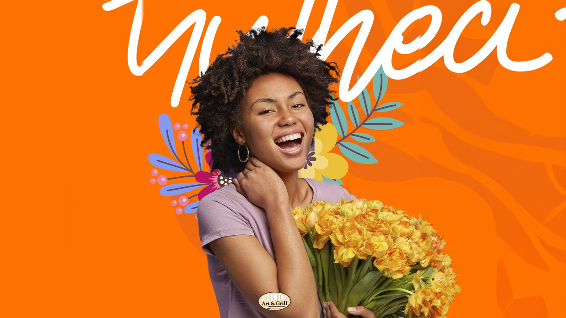 Mulher sorridente segurando buquê de flores amarelas em fundo laranja com ilustrações florais.
