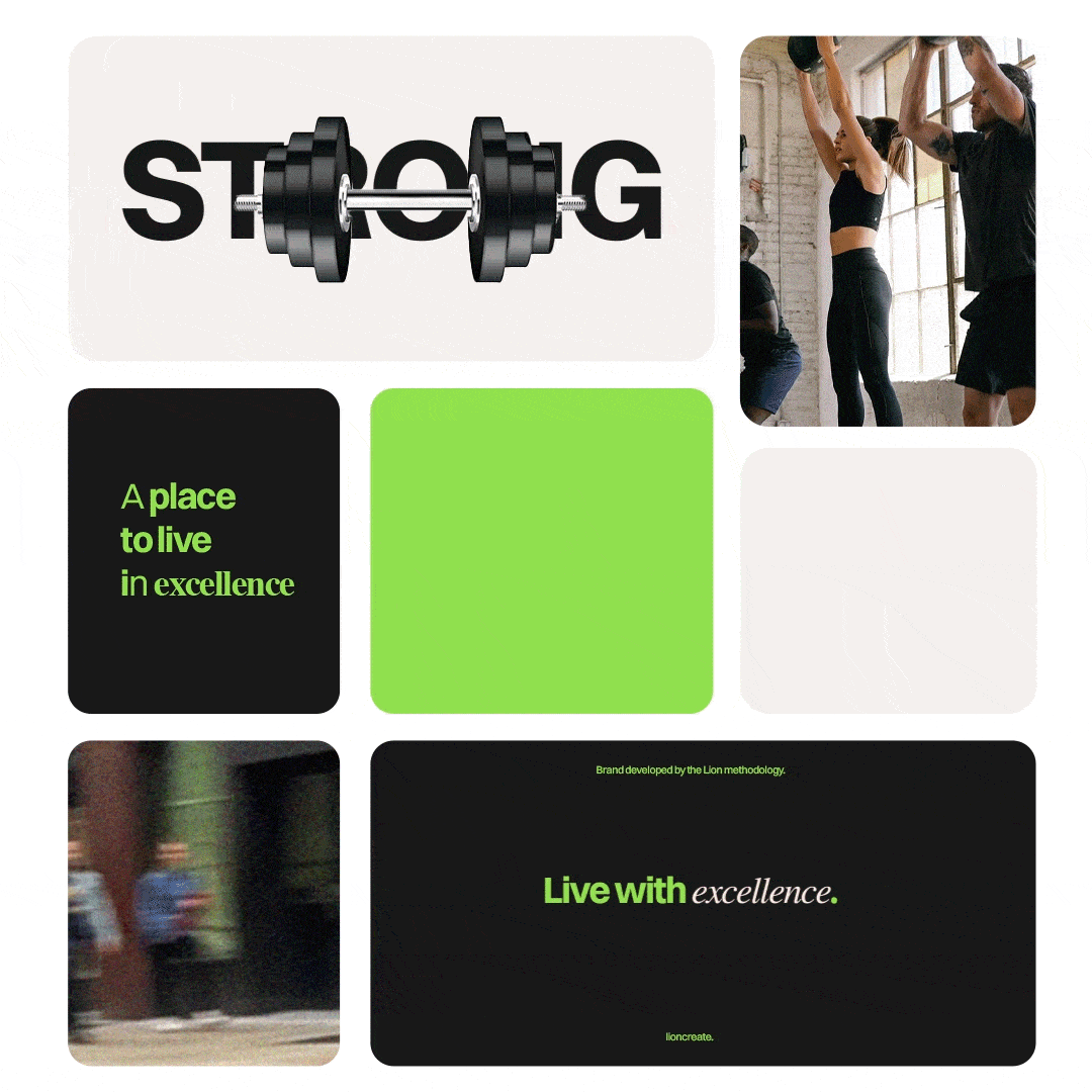 Design gráfico com várias imagens incluindo letras que formam "STRONG" com um haltere no centro, pessoas se exercitando, e texto promocional dizendo "A place to live in excellence" e "Live with excellence." Texto em verde sobre fundo preto.