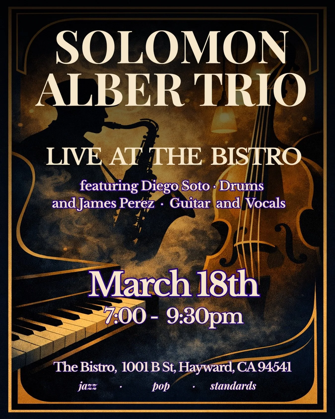 Hey everyone!

March 18th! AT VICS BISTRO IN HAYWARD! 

I&rsquo;ll be playing with @solomonalber and @diegosotodrums for 2 hours of great music and cool vibes. 

Come thruuuuu!!