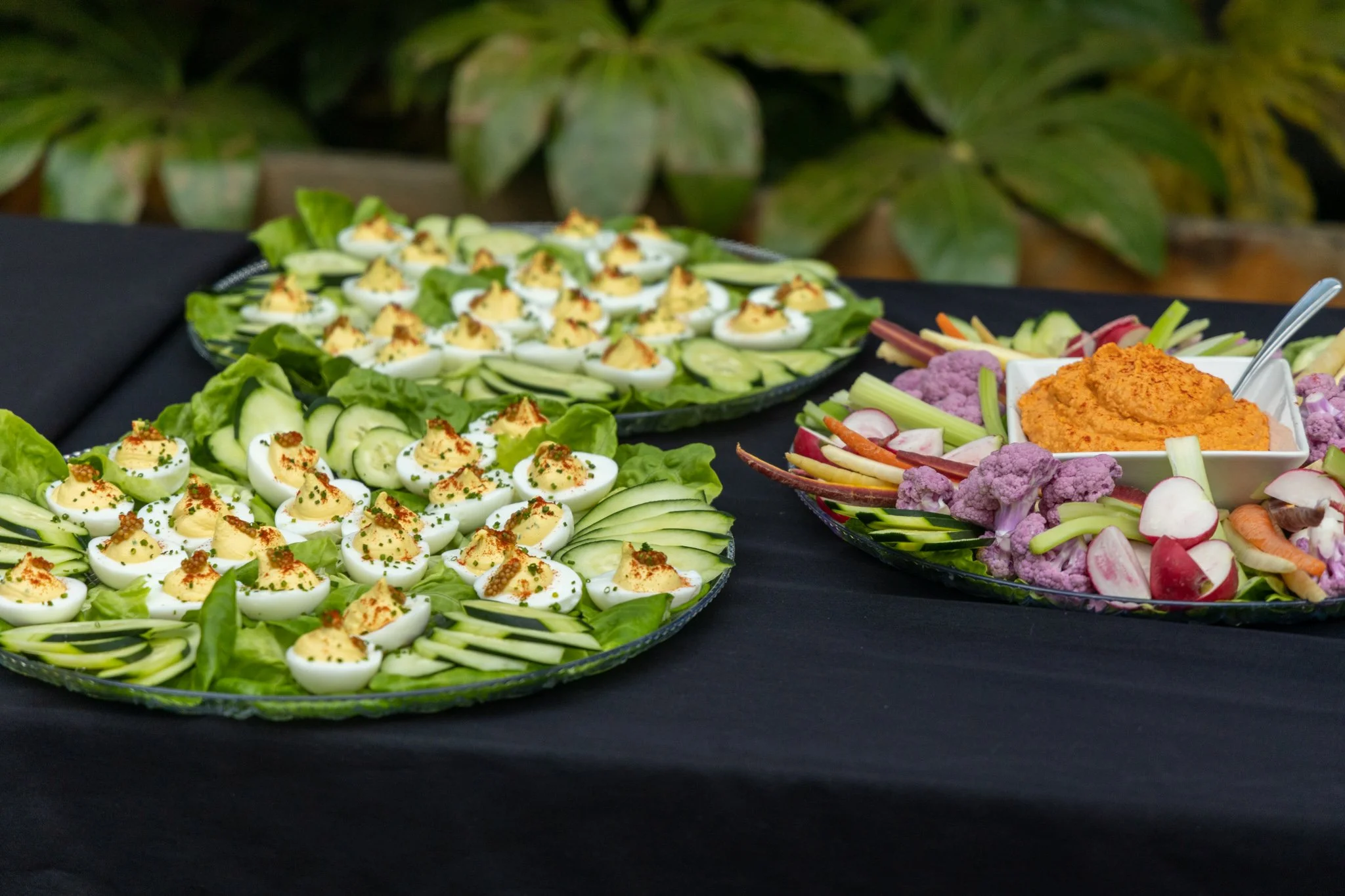 Assorted appetizers and vegetables arranged on large trays at a buffet table, with leafy green plants in the background. 